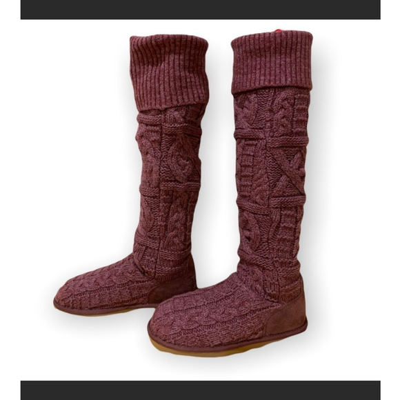 Ugg Over The Knee Twisted Cable Knit Boot Burgundy Size 6 - Picture 4 of 9